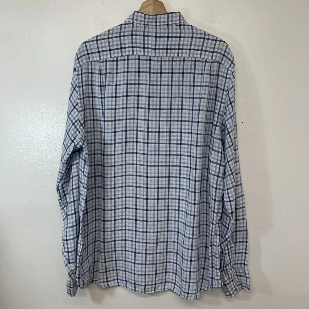 J Crew  Plaid Blue Irish Linen Button Up  Shirt Men  XL  Long Sleeve Travel Work